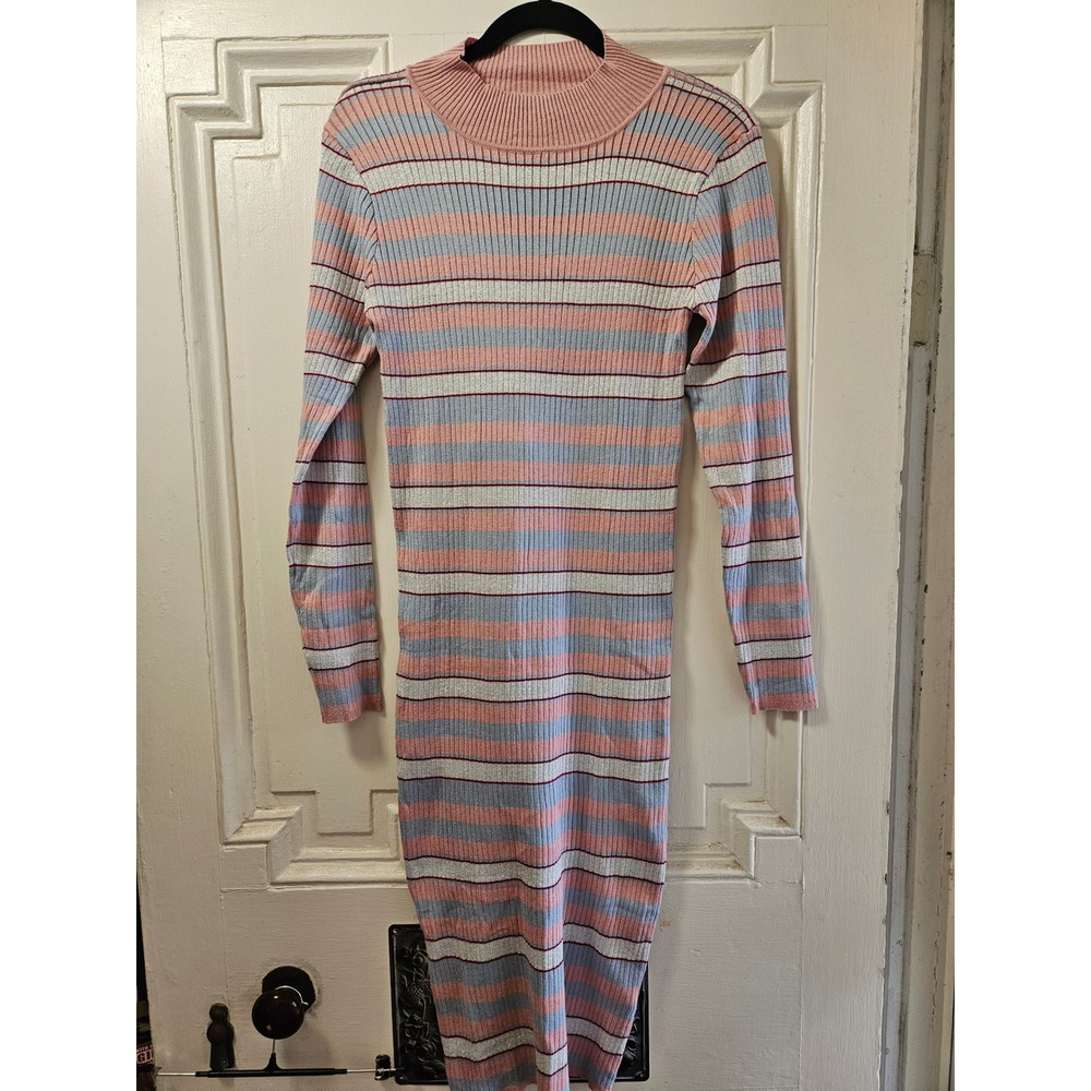 B Flawless Womens Plus 1X Striped Ribbed Knit Mock Neck Long Sleeve Midi Dress